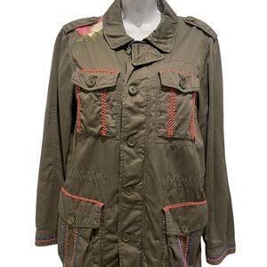 JW LOS ANGELES JOHNNY WAS Womens Olive Green Embroidered Button Cargo Jacket